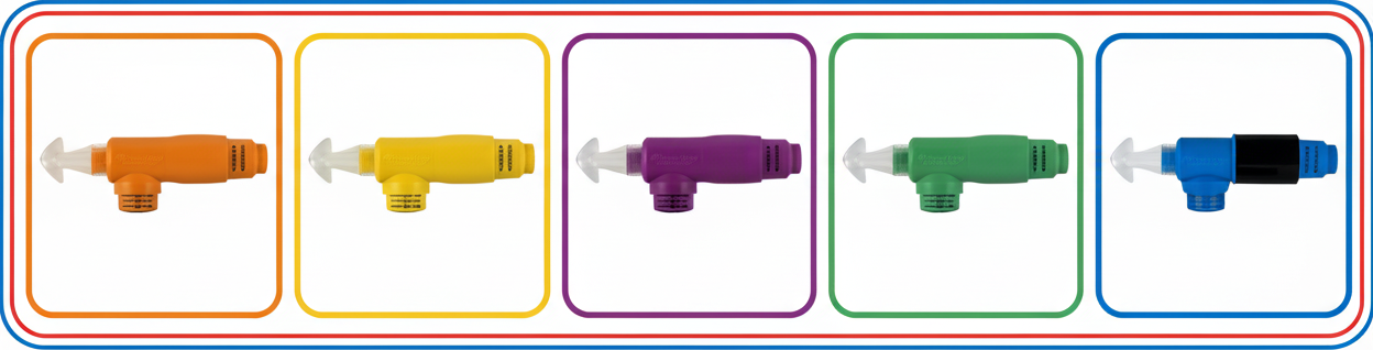 PowerLung Models - 5 Models in 1 image. PowerLung AireStream, PowerLung BreatheAir Yellow, PowerLung BreatheAir Purple, PowerLung Trainer, PowerLung Sport